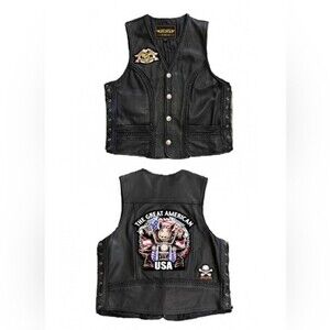 Unik Black Leather Vest with Lace-Up Sides, Braided Leather, HOG Patches LARGE